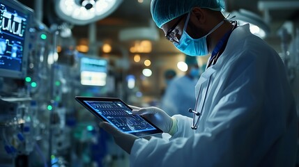 Doctor Utilizing Advanced Digital Tablet Technology in Modern Healthcare Medical Professional in Operating Room Analyzing RealTime Patient Data CuttingEdge Medical Innovations and solu : Generative AI