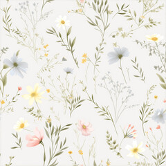 Delicate floral pattern with pastel wildflowers, light botanical design with copy space