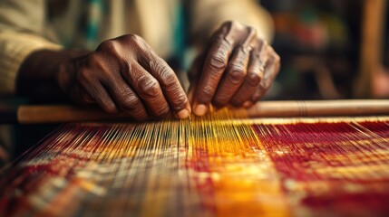 Close-up of a Kanchipuram weaver hands meticulously weaving a silk sari on a traditional handloom in Tamil Nadu, India.