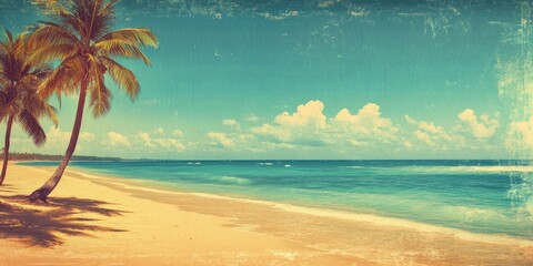 Tropical sandy beach with palm trees, presented in a vintage film-style with a distressed flare.