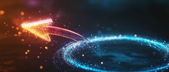 Fototapeta premium Futuristic Neon Arrow with Glowing Particles and Circular Light Effect on Dark Background