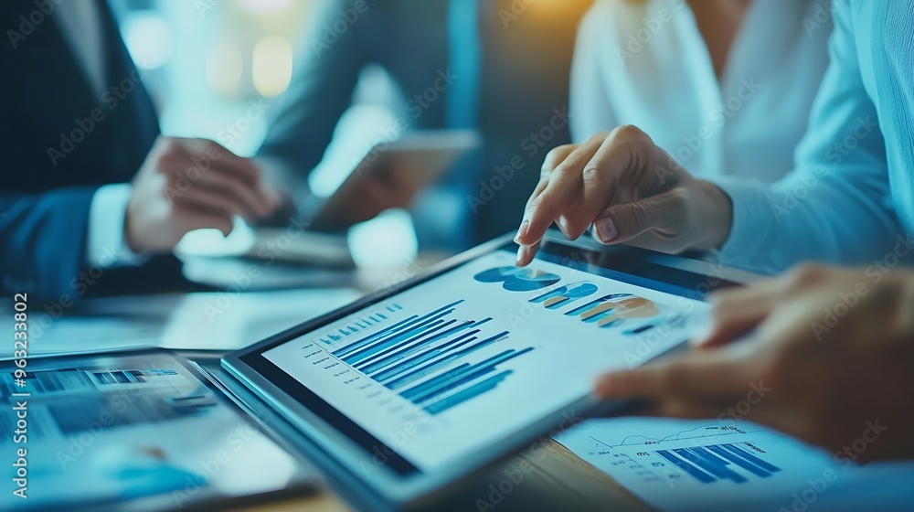 Poster business team using tablet and laptop analyzing sales data economic growth graph chart business plan