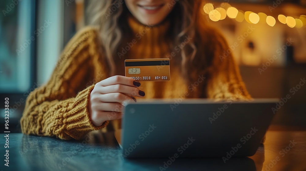 Poster young happy woman buy product by online shopping at home while ordering items from the internet with