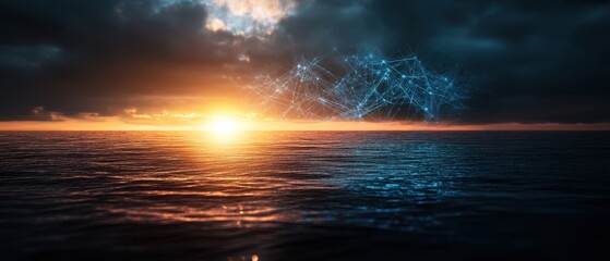 Sunset Over Ocean with Digital Network Overlay, Dramatic Sky, and Reflective Water Surface
