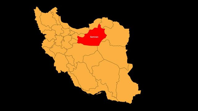 Semnan map animated video. Location is highlighted on the Iran map. Color with a transparent PNG background in video format.	