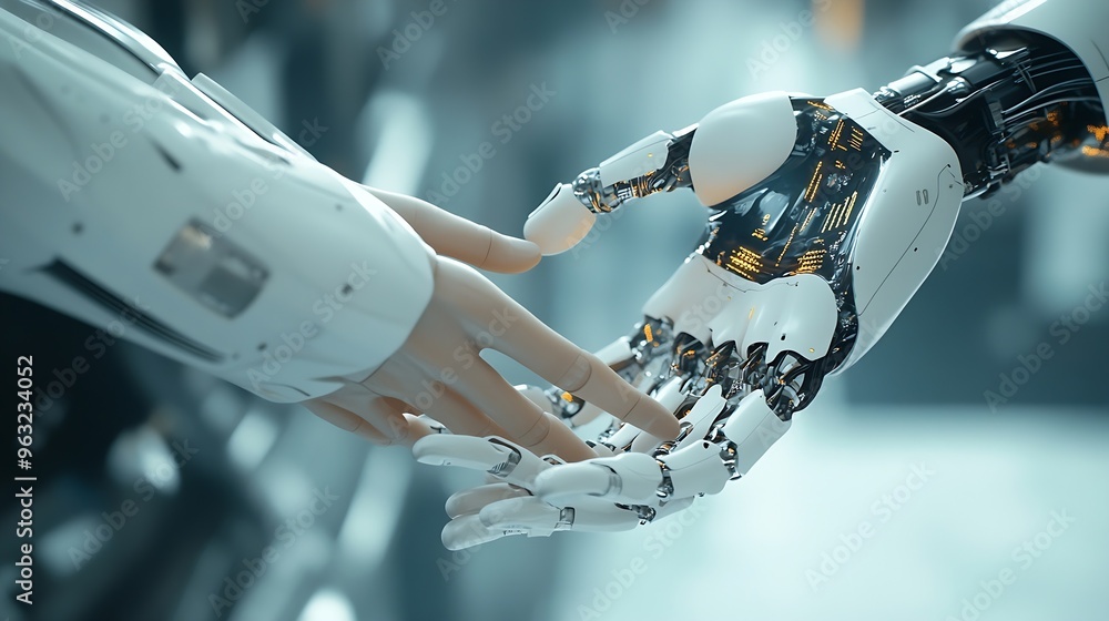 Aufkleber Medical Ai Hands of robot and human touching on medical data network connection AI robot for diagnosis increasing accuracy patient treatment in future technology to improve patient hea : Generative AI
