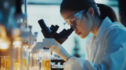 Scientist analyze biochemical samples in advanced scientific laboratory Medical professional use microscope look microbiological developmental of viral Biotechnology research in scienc : Generative AI
