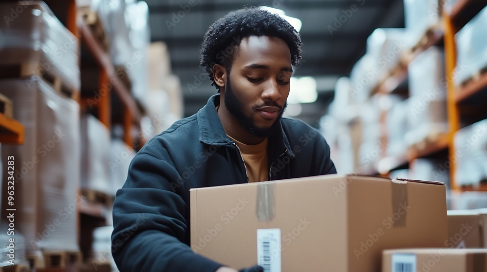 Poster african american person working to shipping box package by order in logistic warehouse black male wo