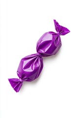 Shiny purple-wrapped candy with twisted ends, isolated on a white background, highlighting vibrant packaging and simplicity