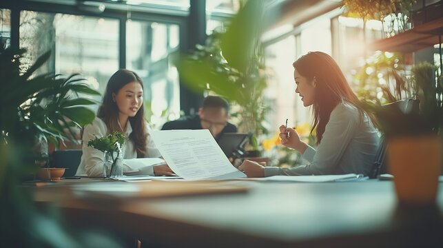 Documents meeting and business people in office for discussion legal consulting and agreement Corporate lawyer law agency and women and paperwork for client contract collaboration and  : Generative AI