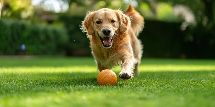 Selective focus on a golden retriever dog playing with a rubber ball on a green lawn.