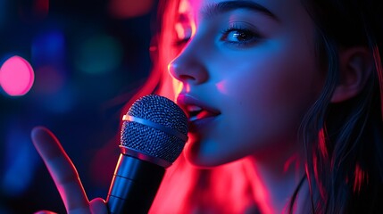 teen girl singer holding microphone point finger in studio teen girl singer with singing microphone : Generative AI