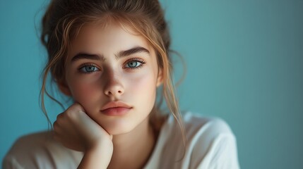 portrait of thinking teen girl in tshirt thinking teen girl express emotions : Generative AI