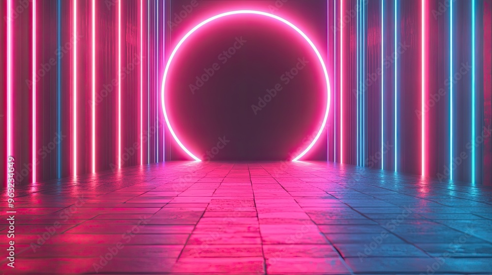 Poster vibrant neon lights illuminate a modern corridor, creating a captivating atmosphere with a glowing c