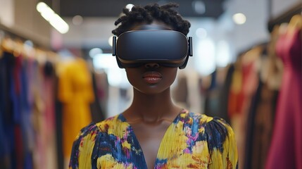 Black Woman Using Virtual Reality Headset for Online Shopping Browsing through Dresses and Clothing items Ordering from Mockup Internet Store App for eCommerce products Augmented Reali : Generative AI