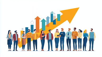 Diverse group of people standing in front of a large upward arrow representing growth and success.