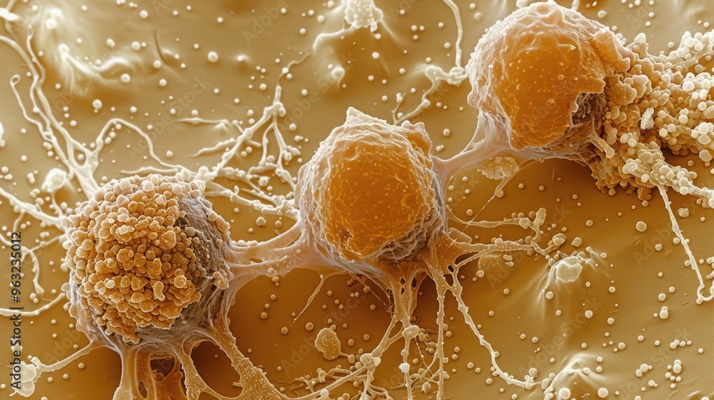 Poster a close-up photorealistic image of a cancer cell under a microscope, revealing its intricate structu