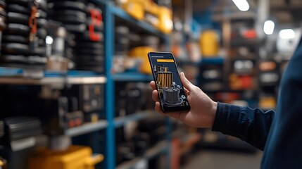 Hand holds a mobile phone with car parts Purchasing an oil filter for car service at a garage through mobile commerce : Generative AI