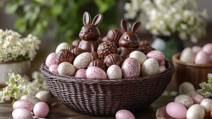 A basket of chocolate bunnies and Easter eggs, decorated with white and pink flower
