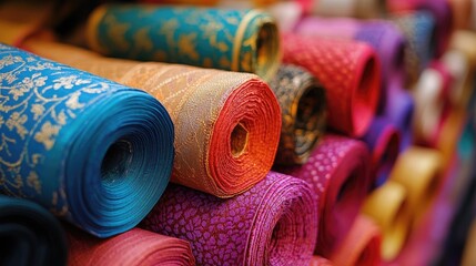 Close-up view of colorful silk fabric rolls neatly arranged in an Indian textile market, highlighting intricate patterns and hues.