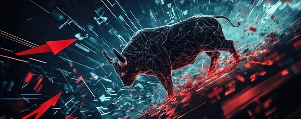 Fototapeta premium Dynamic representation of a bullish market trend with a digital bull against a backdrop of vibrant data streams and arrows.