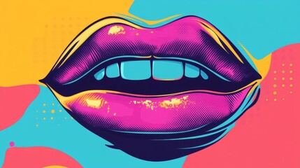 A close-up illustration of a pair of pink lips against a colorful abstract background.
