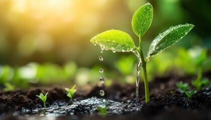 A close-up of a young seedling sprouting from the ground, being watered by a gentle stream of water. Sunlight shines through the leaves.