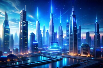 Obraz premium Futuristic cityscape at night with illuminated skyscrapers and blue lighting effects