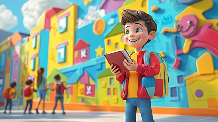 A cheerful cartoon boy with a backpack, holding a red book, smiles happily in front of a colorful wall with other children in the background.