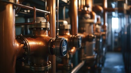 Fototapeta premium Copper pipes twist and turn in a factory mechanical room, surrounded by boilers in this industrial setting