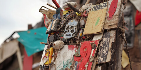 Fototapeta premium The Quiet Riot: A protestor's makeshift sign, constructed from found objects and recycled materials.