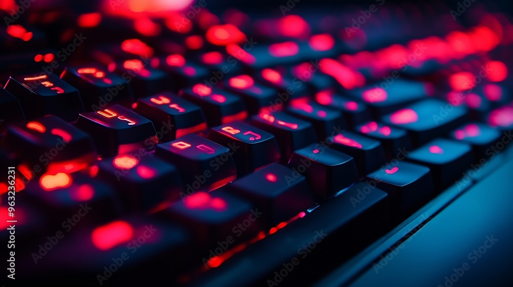Aufkleber Working on a neon computer keyboard with colored backlighting Selected focus Computer video games hacking technology internet concept Selected focus : Generative AI