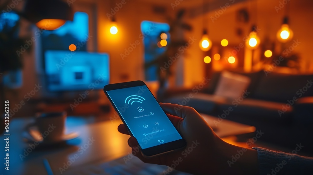 Aufkleber people hand using smartphone or computer laptop to access smart home application from internet wirel