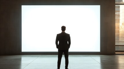 Obraz premium Corporate businessman in front of a blank touchscreen, ideal for product presentation or interactive mockup.