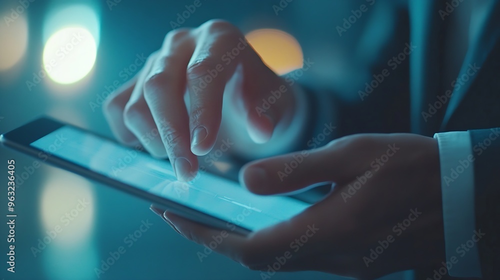 Poster close up businessman hand press on digital tablet screen to use ppc in affiliated program and SEO function to make money online for social media marketing and technology concept : Generative AI