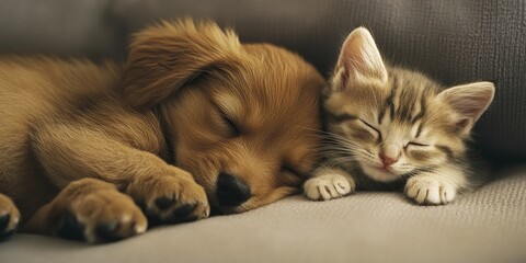 A puppy and kitten snuggled up together, sound asleep.