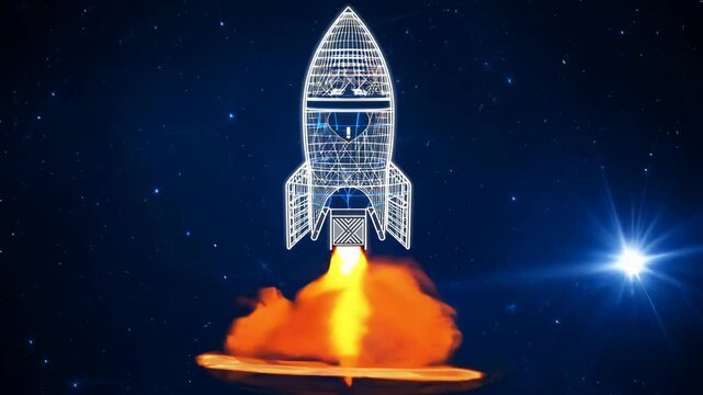 Holographic wireframe spinning rocket launching with flames, white and orange colour, dark blue background with stars