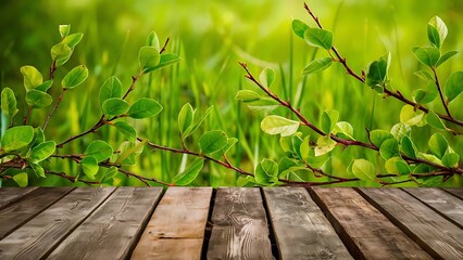 Obraz premium Green leaves on twigs, sward and wooden planks background