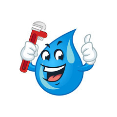 Happy water drop plumber mascot character holding an adjustable wrench.