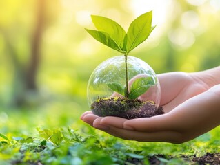 A hand gently holds a small sapling growing inside a glass sphere, symbolizing protection and growth.  The vibrant green foliage contrasts against the soft, natural background.