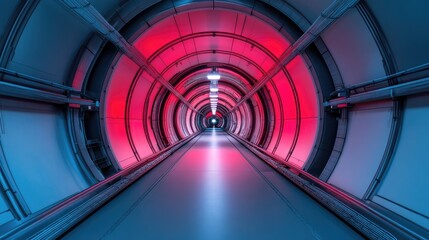 Fototapeta premium Vibrant tunnel with futuristic lighting, showcasing a blend of red and blue hues for an immersive sci-fi experience.