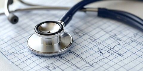 Medical stethoscope placed on a cardiogram sheet in a doctor's office, representing heart health diagnostics.