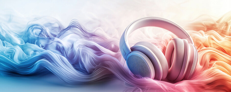 banner with place for text. Colorful sound waves intertwine around white headphones in a creative representation of music and audio experience