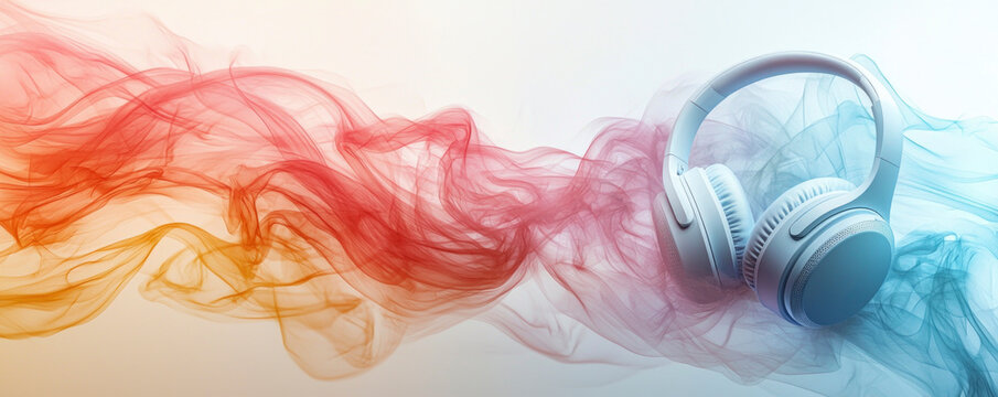 banner with place for text. Colorful sound waves intertwine around white headphones in a creative representation of music and audio experience