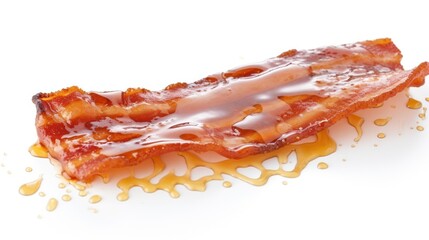 A close-up shot of a crispy bacon strip, sizzling and dripping with grease, isolated on a white background.