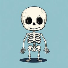 Cartoon illustration of a cute skeleton with a big head and a smile.