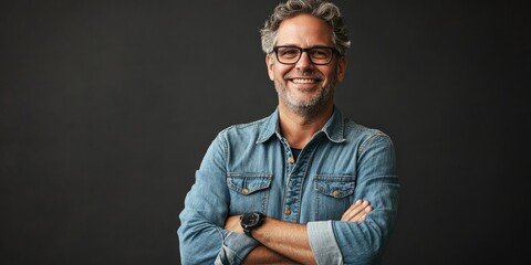 Obraz premium A portrait of a smiling man in a denim shirt and glasses, arms confidently crossed.