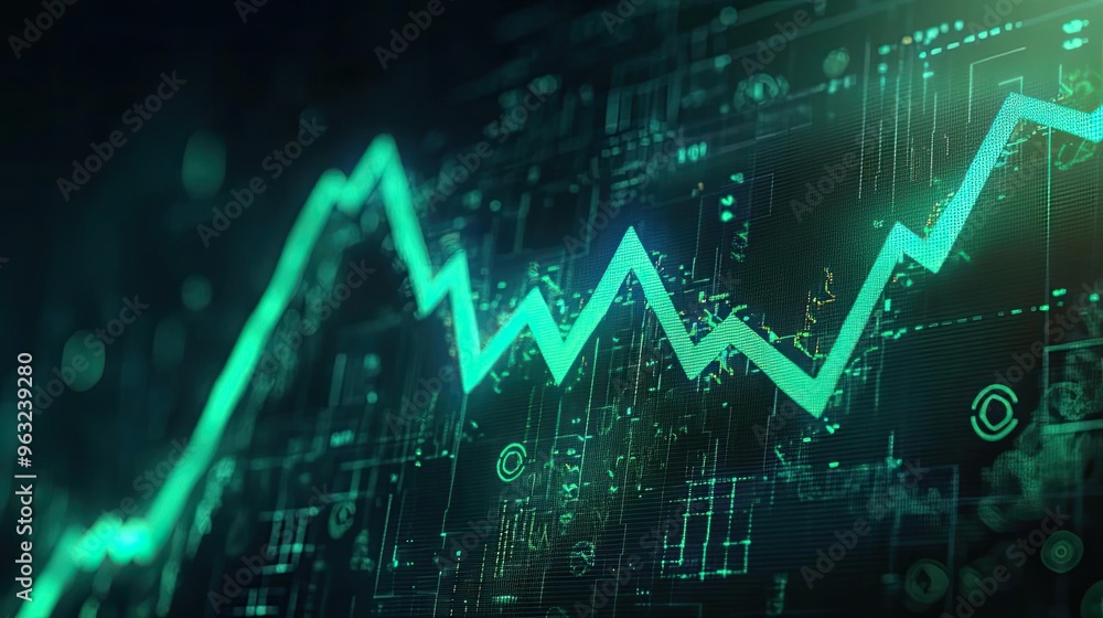Poster visual representation of financial growth with a dynamic green graph overlaid on a digital backgroun