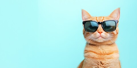 a cheeky ginger cat wearing sunglasses against a light cyan background, with space for text.