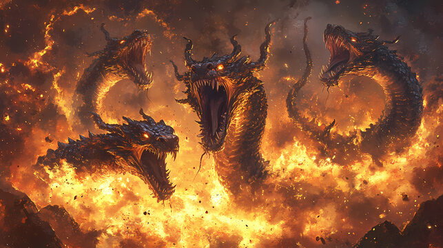A hydra with multiple heads roaring amidst a fiery explosion, symbolizing monstrous power and rage. Hydra. Illustration